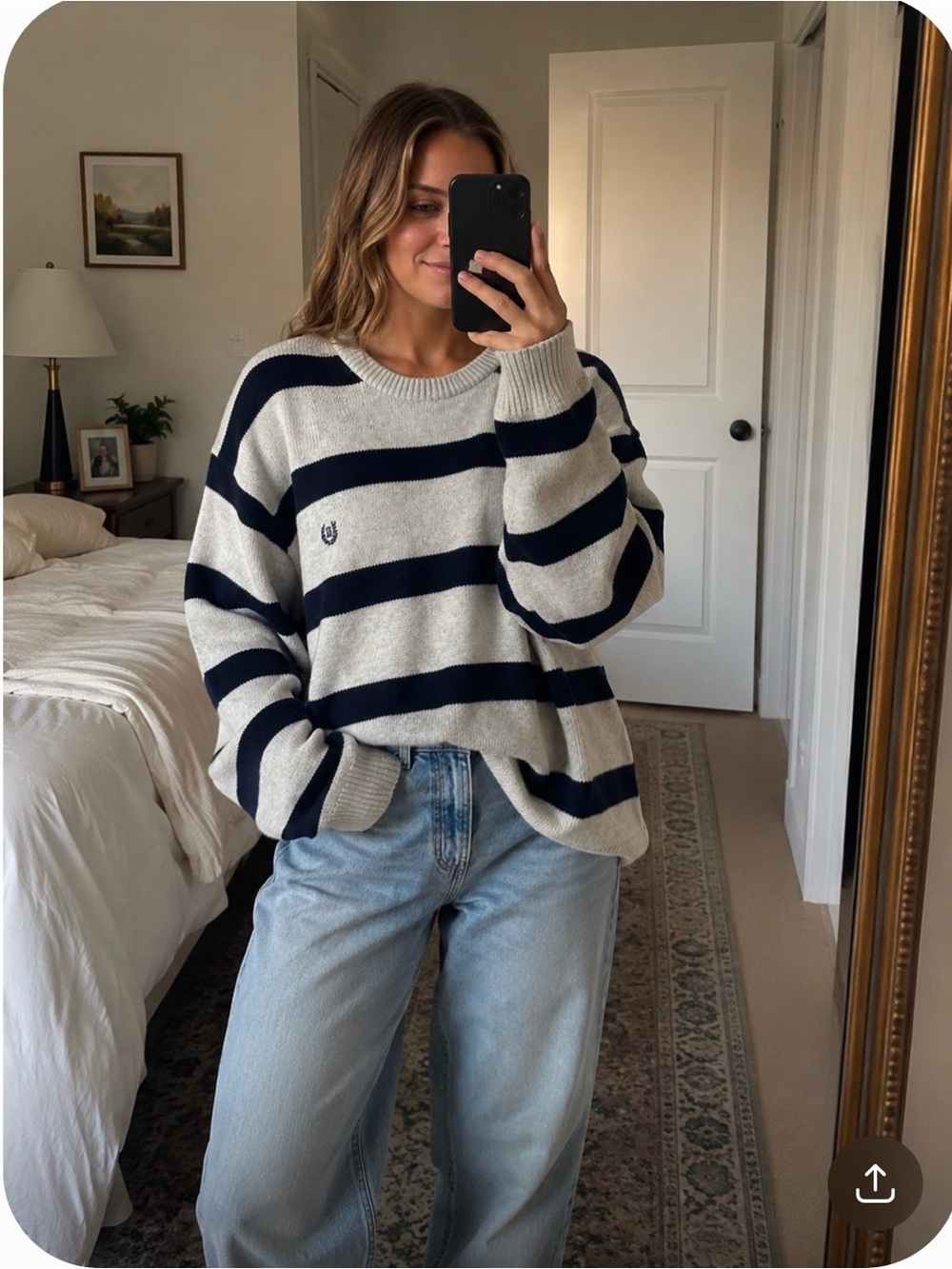 Rugby oversize 100% cotton Chaps grey &navy blue striped crewneck Sweater men XL